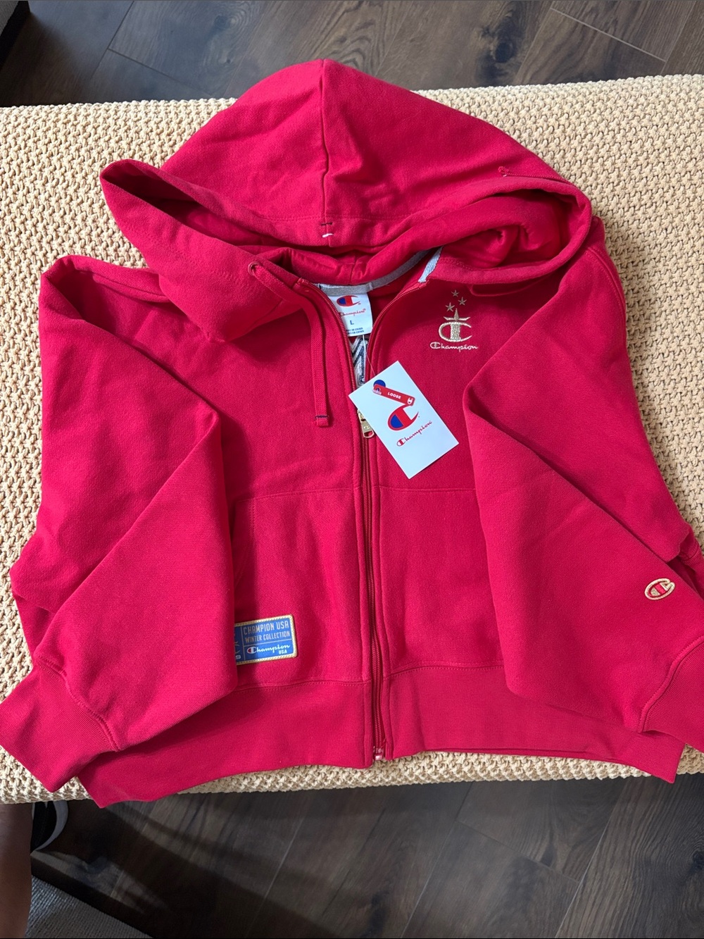 Champion Bright Red Womens Cropped Full-Zip Hoodie with Embroidered Logos Size L
